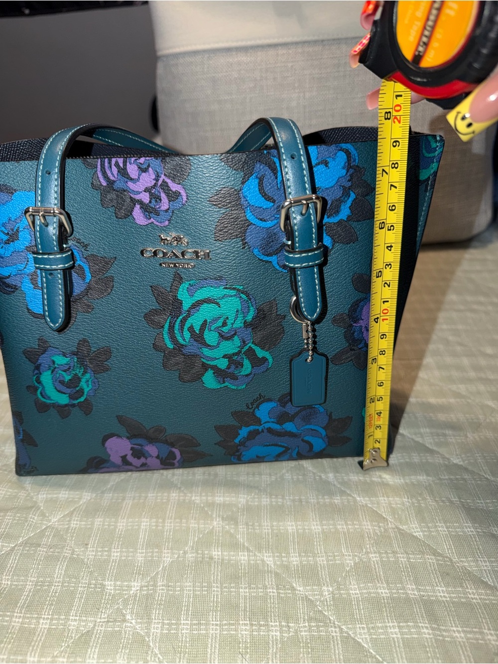 Coach Floral Leather Tote with Teal and Blue Accents - Picture 6 of 8